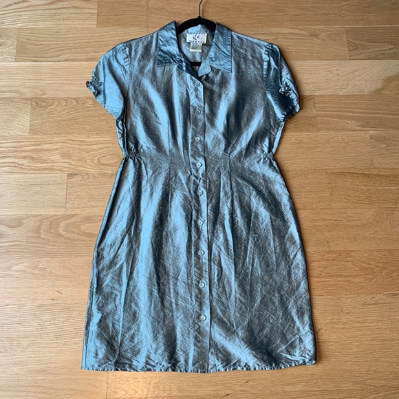 ICE Metallic Light Green Silk Shirtdress - Picture 2 of 10